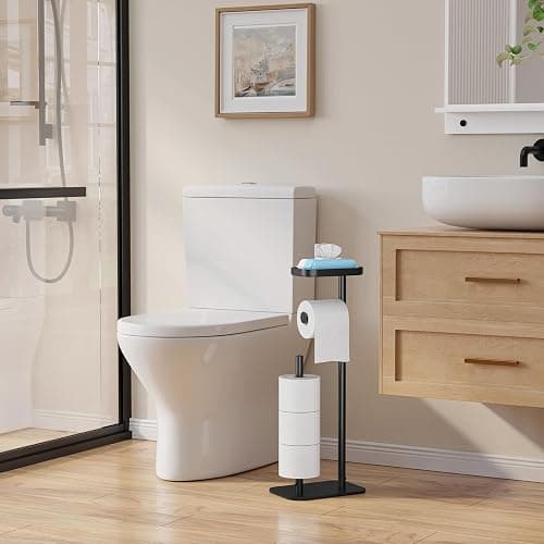 Kitsure Toilet Paper Holder Free Standing – Rustproof Metal Toilet Paper Stand for 4 Rolls with Anti-Slip Base and Shelf for Phone & Small Items, Bathroom Organizers and Storage, Medium, Black thumbnail 4