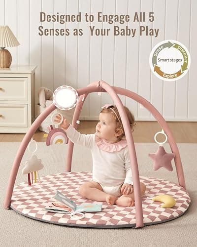 Blissful Diary Baby Play Gym Mat, Play Mat Activity Mat with 6 Detachable Toys for Stage-Based Sensory & Motor Skill Development, Easy to Install & Clean, Baby Essentials Gift, Blush Checkered thumbnail 3