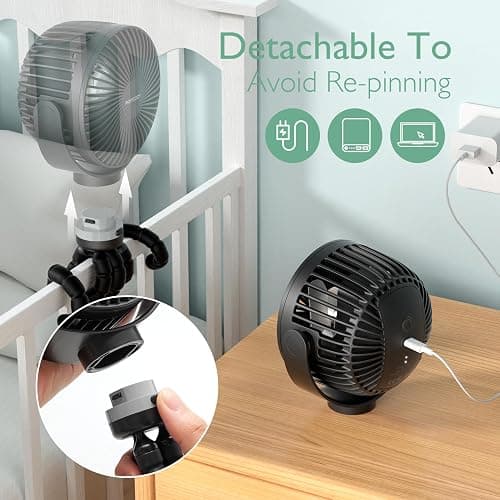 Momcozy 8000mAh Portable Stroller Fan | 27H Ultra-long Battery Life | Detachable 4 Speed 360°Rotate | 2 Modes LED Night Light, USB Rechargeable Handheld Cooling Fan for Travel, Car Seat, Bedroom thumbnail 5