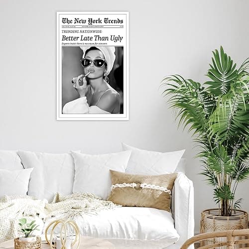 FBKDVC Retro Trendy Black And White Women Newspaper Canvas Wall Art Poster Better Late Than Ugly Vintage Funky Girl Aesthetic Preppy Print For Bar Cart Girl Dorm Bathroom Decor 8x12in Unframed thumbnail 2
