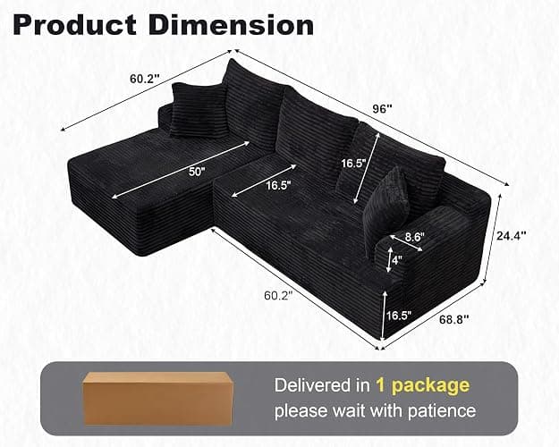 KIVENJAJA 96" Boneless Sectional Couch, 3 Seat with Chaise, Black | living room, apartment, basement, no assembly required, deep seat, cloud, easy to move, corduroy fabric, high-density foam thumbnail 2
