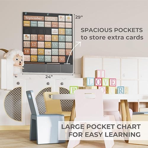 The Ultimate Classroom Calendar Pocket Chart for Kids - Beautiful Calendar with Educational Cards for Easy Learning - Fun Boho Classroom/Teacher Must Have Supplies That Fits Nicely w/Any School Decor thumbnail 4