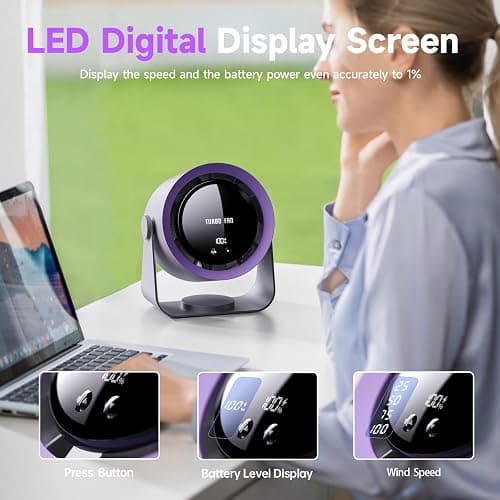 Wastou Rechargeable USB Desk Fan with Digital Display, 5-Speed Ultra Quiet Table Fan, 90° Manual Tilt & Hangable Fan for Bedroom, Kitchen, Camping, Office，Living Room thumbnail 2