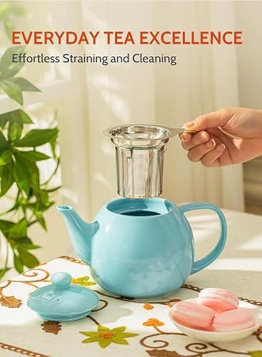 Sweese Teapot, Porcelain Tea Pot with Stainless Steel Infuser, Blooming & Loose Leaf Teapot - 27ounce, Turquoise thumbnail 4