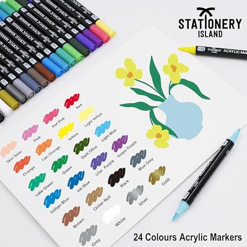 STATIONERY ISLAND Permanent Acrylic Paint Pens 24 Colours – Dual Tip Markers for Rock, Pumpkin, Stone, Glass, Ceramic, Wood & Fabric – Fine & Brush Tip Water Based Paint Pens for Halloween Crafts thumbnail 3