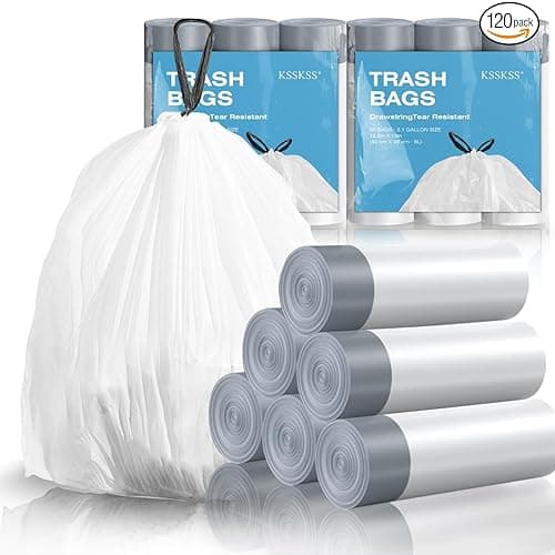 120 Counts 1.6 Gallon Mini Drawstring Trash Bags, Small Garbage Bags by KSSKSS, Code a fit 4.5-8 Liter, 1.2-2 Gal, White Trash Bin Liners for Home Office Kitchen Bathroom Bedroom - 2 Gallon Trash Bags (Pack of 120) - Image 1