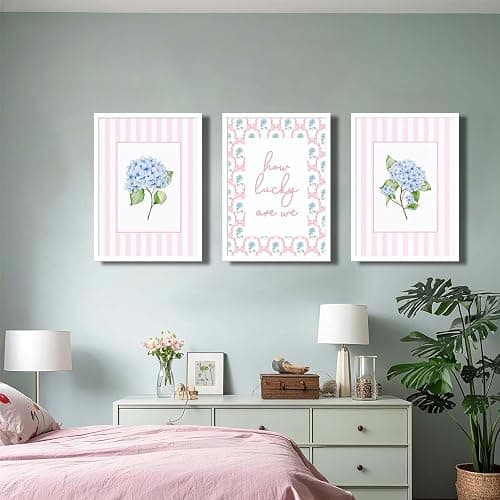 3Pcs Unframed Pink And Blue Hydrangea Wall Art Trendy Preppy Coquette Canvas Posters Prints How Lucky Are We Pictures Wall Decor for Girly Room Bedroom College Apartment Home Decorations(16L"x12W"Poster) thumbnail 2
