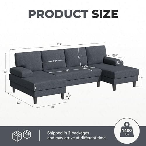 Nebuaegis U-Shaped Sectional Sofa Couch for Living Room, Modern Modular Sofa with Double Chaise, Classic Lounge Couch Sleeper for Apartment, DarkGary thumbnail 2