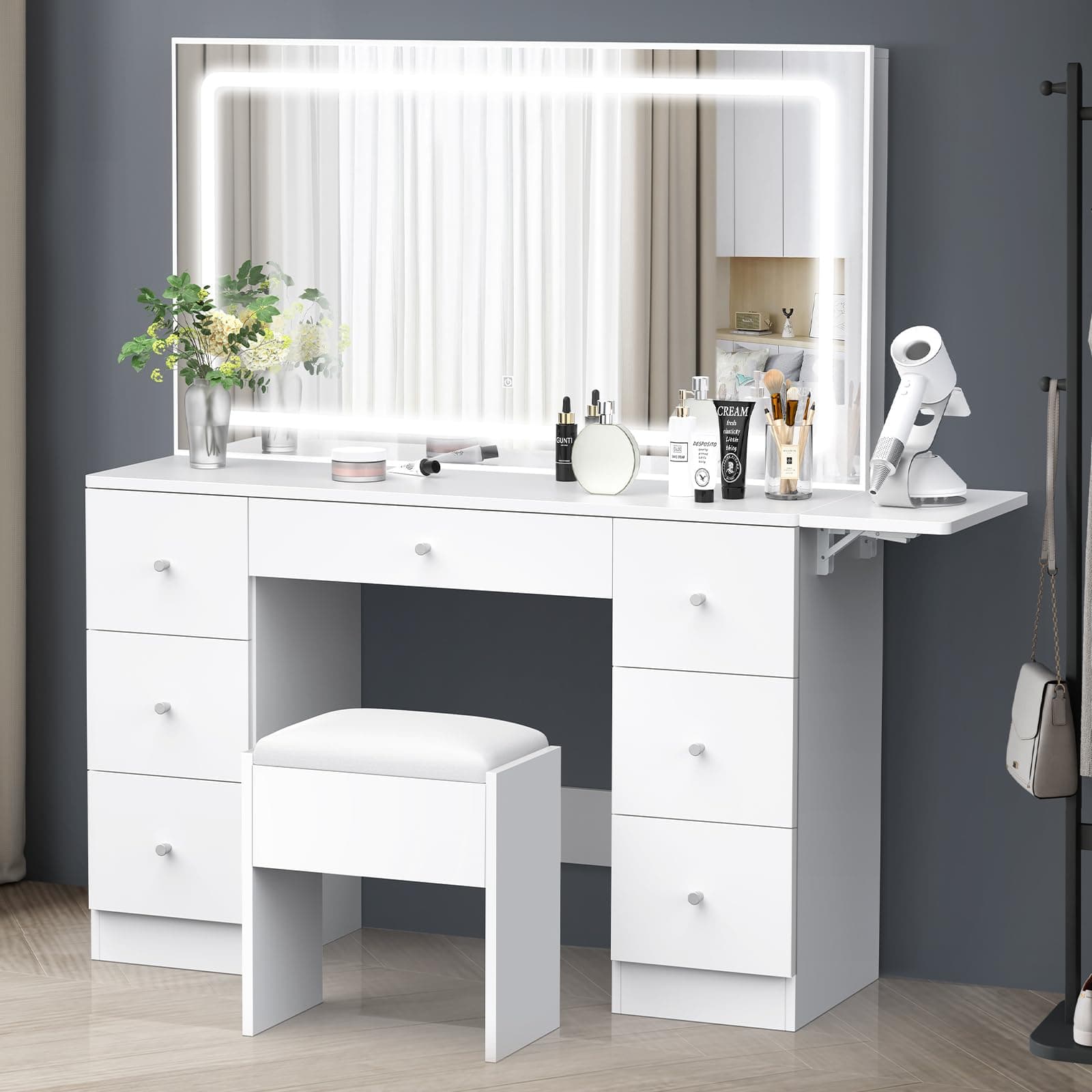 ALFORDSON Vanity Dressing Table Chair Set with LED Mirror, 140cm Dress Table and Matching Stool Sets, Makeup Desk with Extendable Countertop, White - Image 1