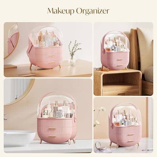 Multi-Function Make Up Case Dustproof Cosmetic Storage Box, Organizer Skin Care Products Jewelry Organizer Finishing Box for Bedroom Bathroom Desktop (Pink) thumbnail 6
