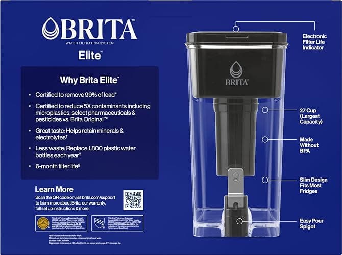 Brita 27 Cup Elite Filter Dispenser, Reduces 30+ Contaminants including Lead and Microplastics, Filter lasts 6 months, UltraMax, Black thumbnail 4