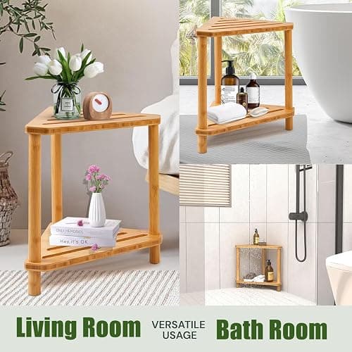 Bamboo Corner Shower Stool,2-Tier Waterproof Shower Stool for Inside Shower Shaving Leg,Small Spaces,Shower Foot Rest with Storage Shelf,Shower Bench,Bath Seat,Corner Nightstand gift for women mom thumbnail 7