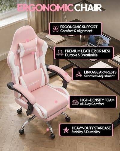 Dowinx Ergonomic Gaming Chair with Footrest & Massage Lumbar, 2D-Linkage Armrests for Computer Chair 330lbs with Headrest Pillow for Office, Home, Streaming and Long Gaming Sessions, Bright Pink thumbnail 9