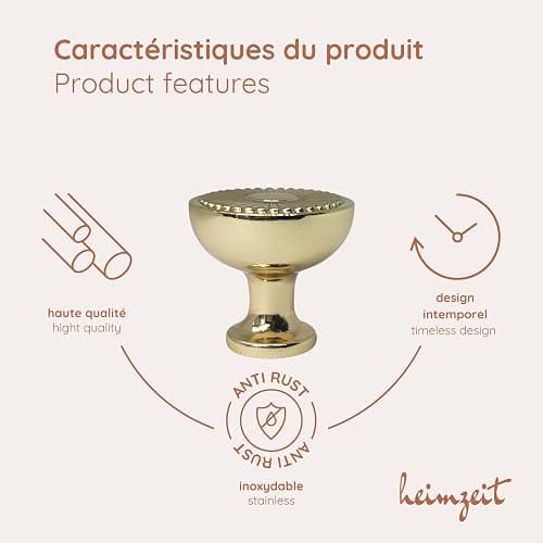 heimzeit Poignées de Placard Sun pour Portes, Tiroirs et Commodes en Aluminium de Haute Qualité [8 Pièces, Rondes] Couleur: Or, Boutons de Meuble avec Poignée à un trou et vis thumbnail 3