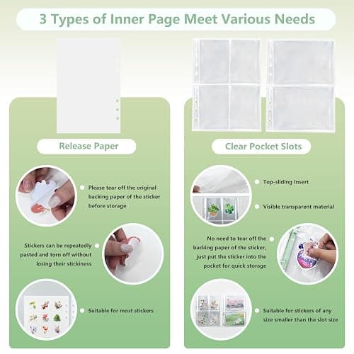 NOCAFI Sticker Storage Organizer Binder A5 Sticker Collecting Book Zipper Album for Adult with Blank Reusable Release Paper and Pocket Pages (Green) thumbnail 4