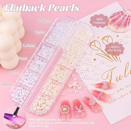 2 Boxes Flatback Pearls (White+Beige) and Silver+Gold Nail Beads for Nail Art with Rhinestone Glue Gel, Pearl Nail Charms and Gems and Small Round Caviar Beads for Acrylic Nail Tips Manicure thumbnail 2