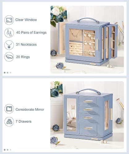 Homde Christmas Gifts Jewelry Box 360° Rotating, Necklace Earring Organizer with Transparent Window, Mirror, 7 Drawers, Large Ring Display Storage Case for Girls Women (Grey Blue) thumbnail 5