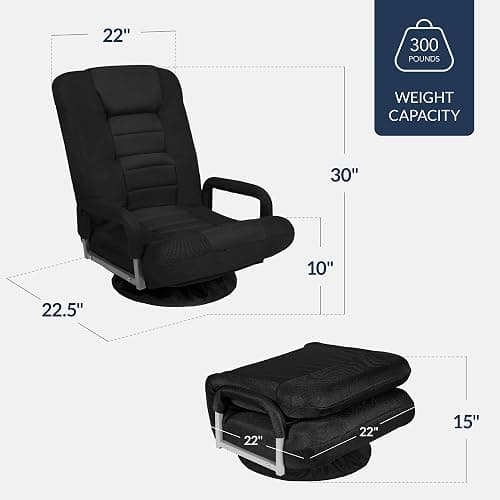 Best Choice Products Swivel Gaming Chair 360 Degree Multipurpose Floor Chair Rocker for TV, Reading, Playing Video Games w/Lumbar Support, Armrest Handles, Adjustable Foldable Backrest - Black/Black thumbnail 3