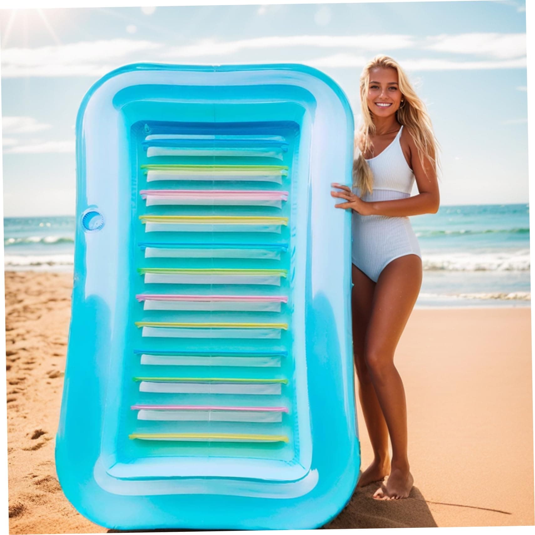 Tanning Pool Bed with Pillow, 69x43x8 Inch PVC Inflatable Sun Lounger with Drink Holder, Portable Blow up Pool Floats for Adults Kids Beach Sunbathing thumbnail 4