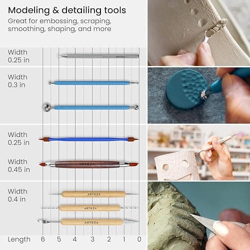 ARTEZA Pottery & Polymer Clay Tools, 22-Piece Sculpting Set with Steel Tips and Wooden Handles, Craft Kit for Pottery Modeling and Carving thumbnail 6