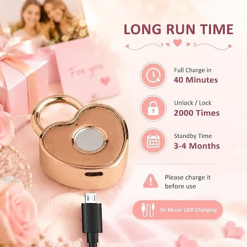 Tcyoatoa Fingerprint Padlock for Gym Locker, Heart Shaped, Rose Gold | Rechargeable Cute Smart Lock,10-Fingerprint Memory, Ideal Gift for Jewelry Boxes, Cosmetic Cases, Suitcases, Travel, School thumbnail 5