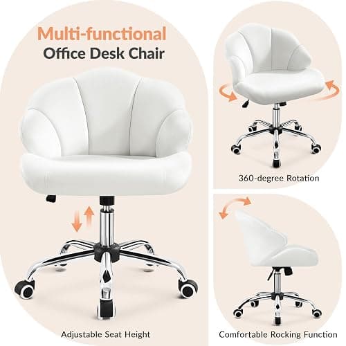 Yaheetech Cute Velvet Desk Chair Shell-Shaped Back Vanity Chairs Modern Swivel Desk with Wheels Adjustable Height for Home Office Bedroom White - White thumbnail 6