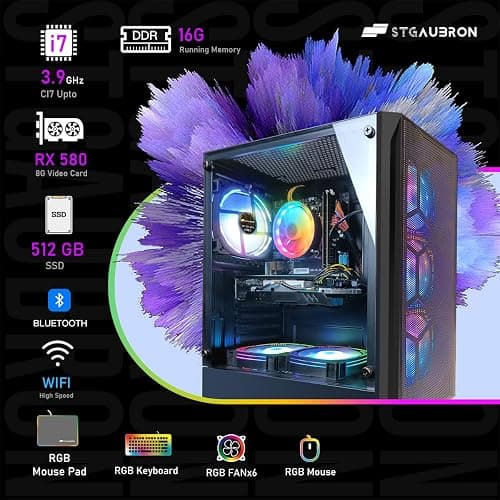 STGAubron Gaming PC Desktop Computer, Intel Core i7 up to 3.9GHz, Radeon RX 580 8G, 16G RAM, 512G SSD, WiFi 6, Bluetooth 5.2, RGB Fan x6, Windows 11 Home thumbnail 5