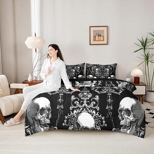 Erosebridal Damask Sugar Skull King Bed in A Bag 7 Piece Gothic Skull Pattern Comforter Set with Sheets Halloween Goth Skeleton Bedding Sets for Kids Adults,Bohemian Style Bed Set thumbnail 4