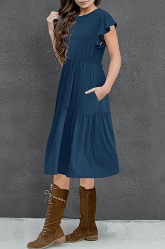 HOSIKA Girls Summer Ruffle Short Sleeve Crew Neck Loose Casual Flowy Tiered Short Dress with Pockets for 6-12 Y thumbnail 3