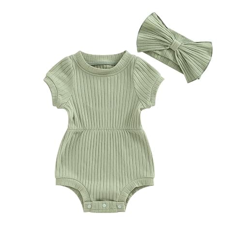 FOCUSNORM Baby Girl Summer Clothes Ribbed Short Sleeve Romper Solid Color Bodysuits Bow Headband Outfit Newborn Girl Jumpsuit - Image 1