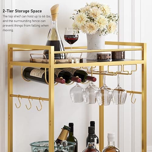 TUTOTAK Bar Cart, Serving Cart for Home, Drink Cart, Mobile Kitchen Shelf with Wine Rack and Glass Holder, Rolling Beverage Cart, Gold BC01BB031 thumbnail 9