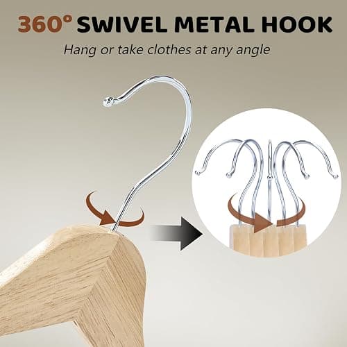 Edergoo Wooden Hangers 20 Pack, Durable Wood Hangers with 360° Swivel Hook & Notches, Slim Coat Hanger Wooden for Closet, Natural thumbnail 7
