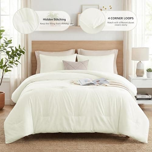CozyLux Full Size Comforter Set Ivory, 3 Pieces Lightweight Down Alternative Quilted Bedding Sets, All Season Soft Breathable Solid Comforter with 2 Pillowcases, Luxury Soft Bed Set for Home thumbnail 2