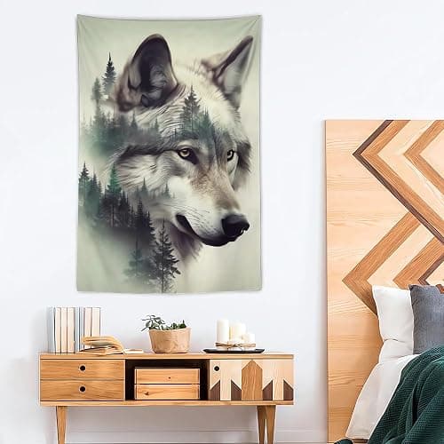 ANMOGID Wolf Tapestry for Bedroom Aesthetic, Mountain Wall Hanging Art, Wolf Decor Wall Art for Living Room Dorm Party Home Decoration 60"x40" thumbnail 4