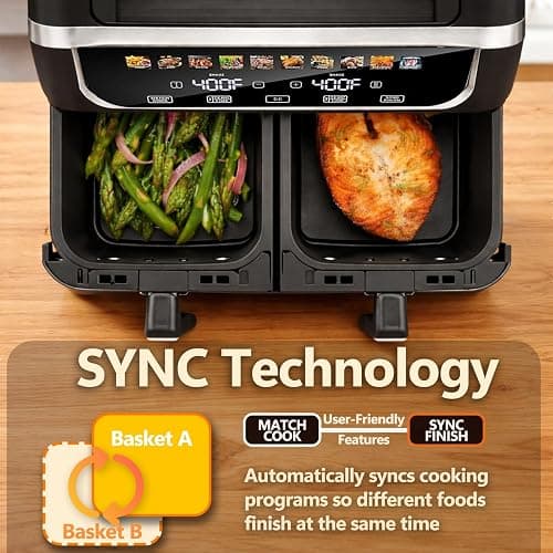 Simple Deluxe 9.5-Qt Dual Basket Air Fryer, 10-in-1 Digital Preset 1700W Airfryer, Sync Cook, Independent Temp Control, Shake Reminder, Nonstick Basket, Black thumbnail 7