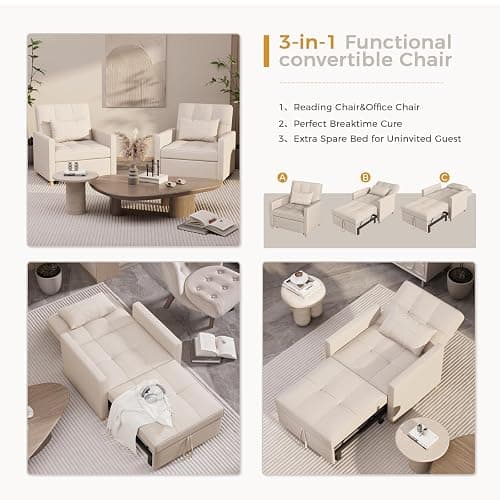 YODOLLA Pull Out Sleeper Chair Bed 80cm Single Sofa Armchair, Beige | 3-position reclining backrest, practical side storage pocket, space-efficient foldable guest sleeping design thumbnail 6