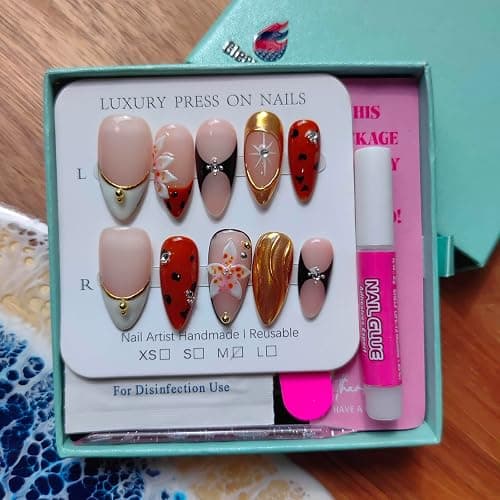 Gleamrain Handmade Press on Nails Almond Shape M Size/Gleamrain Luxury Medium Hand Made Nails with Design for Women 10Pcs by P06 thumbnail 5