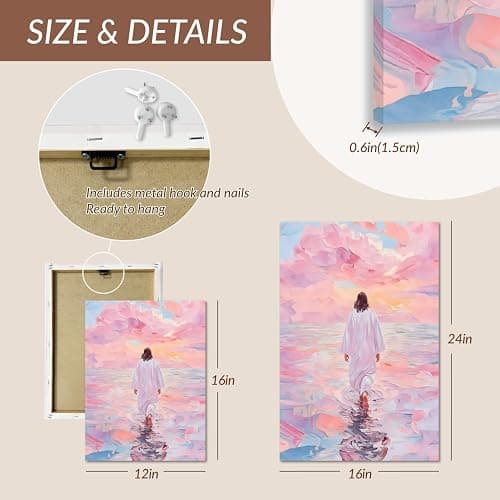 Jesus Canvas Wall Art Pink Jesus Walks on Water Canvas Paintings Prints Religious Savior Wall Decor Christian Bible Stories Poster printing Artwork for Living Room Bedroom Church Decoration 12x16in thumbnail 9