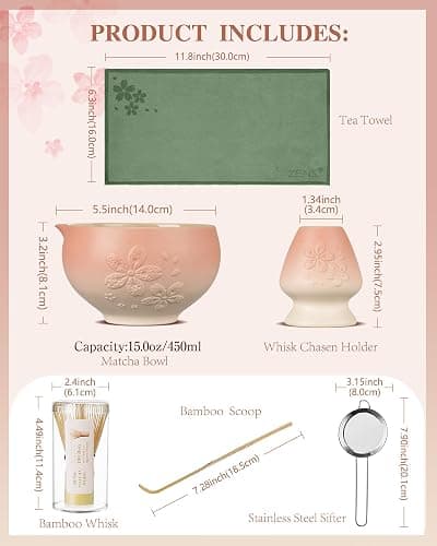 ZENS Matcha Whisk Set, Pink Ceramic Matcha Bowl with Embossed Sakura, 6pcs Matcha Tea Kit Includes Bamboo Whisk, (Chasen Holder) Scoop & Sifter, Tea Towel for Matcha Ceremony, Pink thumbnail 7