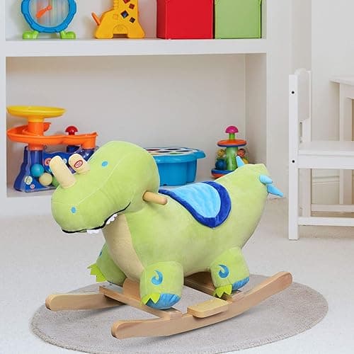 Qaba Kids Plush Ride-On Rocking Horse Toy Dinosaur Ride on Rocker Green with Realistic Sounds thumbnail 3