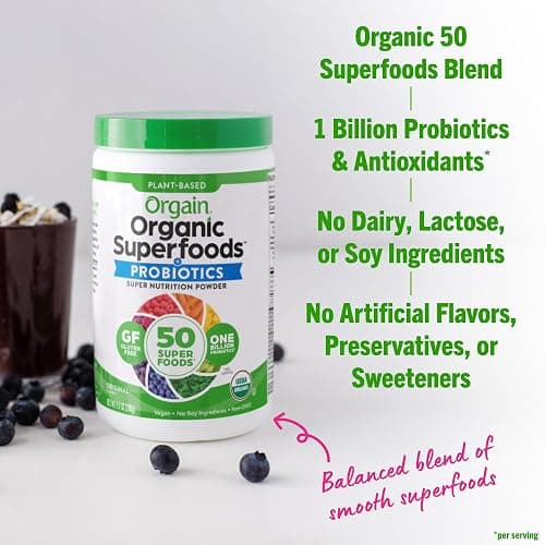 Orgain Organic Greens Powder + 50 Superfoods, Original - 1 Billion Probiotics for Digestive Health, Antioxidants, Vegan, Plant-Based, Gluten-Free, Non-GMO, Green Juice & Smoothie Drink Mix - 0.62lb thumbnail 5