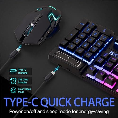 CHONCHOW Wireless Keyboard and Mouse Combo - 2.4G Rechargeable USB Wireless Rainbow LED Backlit Gaming Keyboard,Anti-ghosting Multimedia Keys Mechanical Feel for PC Laptops PS Xbox thumbnail 3