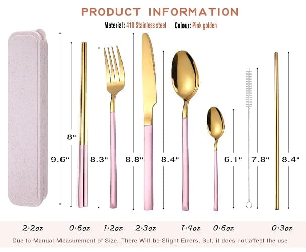 AARAINBOW 7 Pieces Stainless Steel Flatware Set Portable Reusable Cutlery Set Travel Utensils Set Including Chopsticks Knife Fork Spoon Straws Cleaning Brush Dishwasher Safe (Pink Golden) thumbnail 3