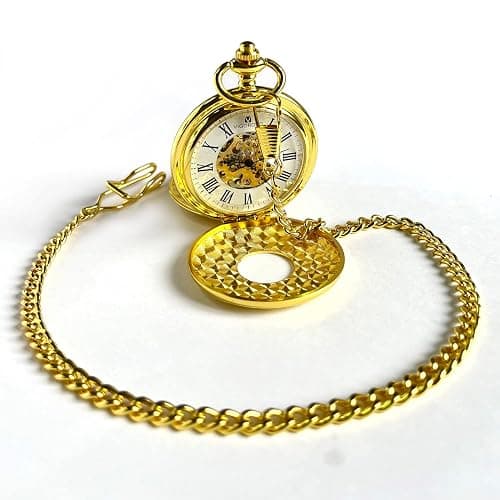 VIGOROSO Vintage Hand Wind Up Pocket Watches for Men, Mechanical Pocket Watch with Chain, Mens Skeleton Pocketwatch thumbnail 8