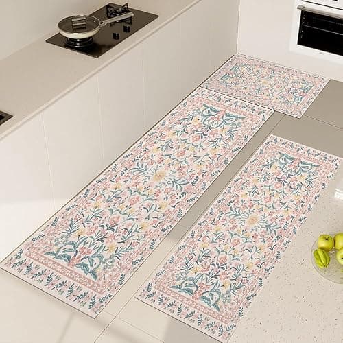 XSCQ 3PCS Vintage Pink Floral Kitchen Rugs Washable,Cushioned Rug Anti-Fatigue Mats for Kitchen Decor Accessories,Waterproof Non-Slip Mats and Rugs Set for Office,Floor,Laundry 20x32+20x47+20x59 Inch thumbnail 3