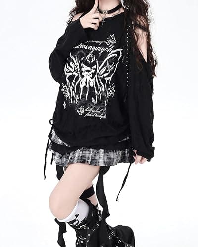 Women Goth T Shirt Harajuku Anime Graphic Y2K Tops Long Sleeve Off Shoulder Grunge Aesthetic Clothes thumbnail 2