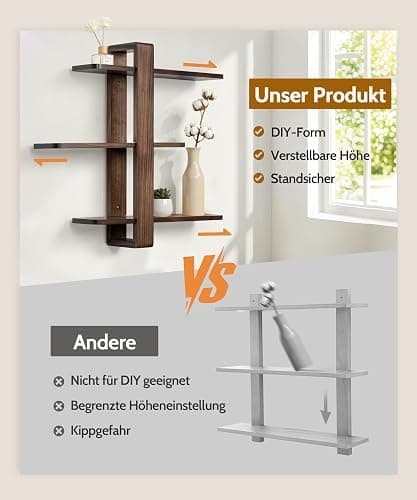 SUMGAR Wandregal Holz Walnussfarbe, Schweberegal, Hängeregal Größer, Praktische Dreistöckig Dekorative Regale aus Massive Holz für Wohnzimmer Schlafzimmer, Abnehmbarer Bretter, 50x58cm thumbnail 6