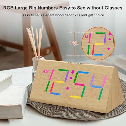 DreamSky Wooden Digital Alarm Clock for Bedroom - RGB Electric Desk Clock with Large Numbers, USB Port, Loud Alarm for Heavy Sleepers, Dimmer and Volume Control, Snooze, Wood Décor, Adapter Powered thumbnail 3