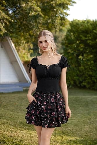 SCARLET DARKNESS Women Renaissance Cotton Short Sleeve Square Neck Top Smocked Waist U-Back Ruffled Cuff Blouses thumbnail 2