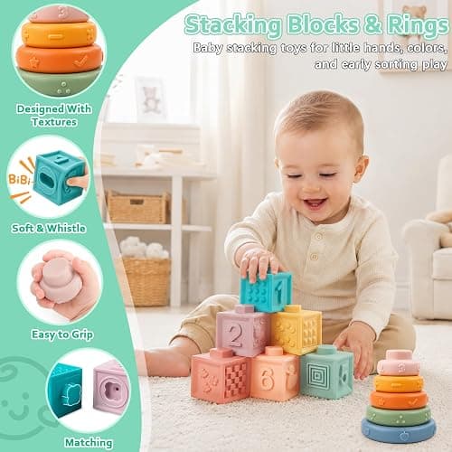 Plunack Montessori Baby Toys 6 in 1 Sensory Developmental Learning Set | Stacking Blocks, Rings, Pull String, Suction Cup Spinner, Matching Eggs & Sensory Bin, BPA-Free, Infant Developmental Skills thumbnail 5